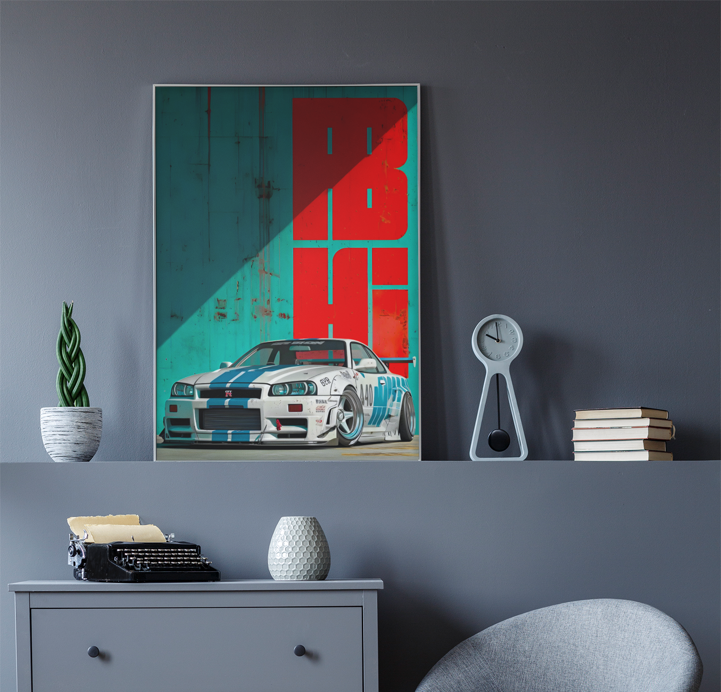 PrintedSoul Nissan Skyline Metal Frame – Iconic JDM Wall Art (A3 Size)