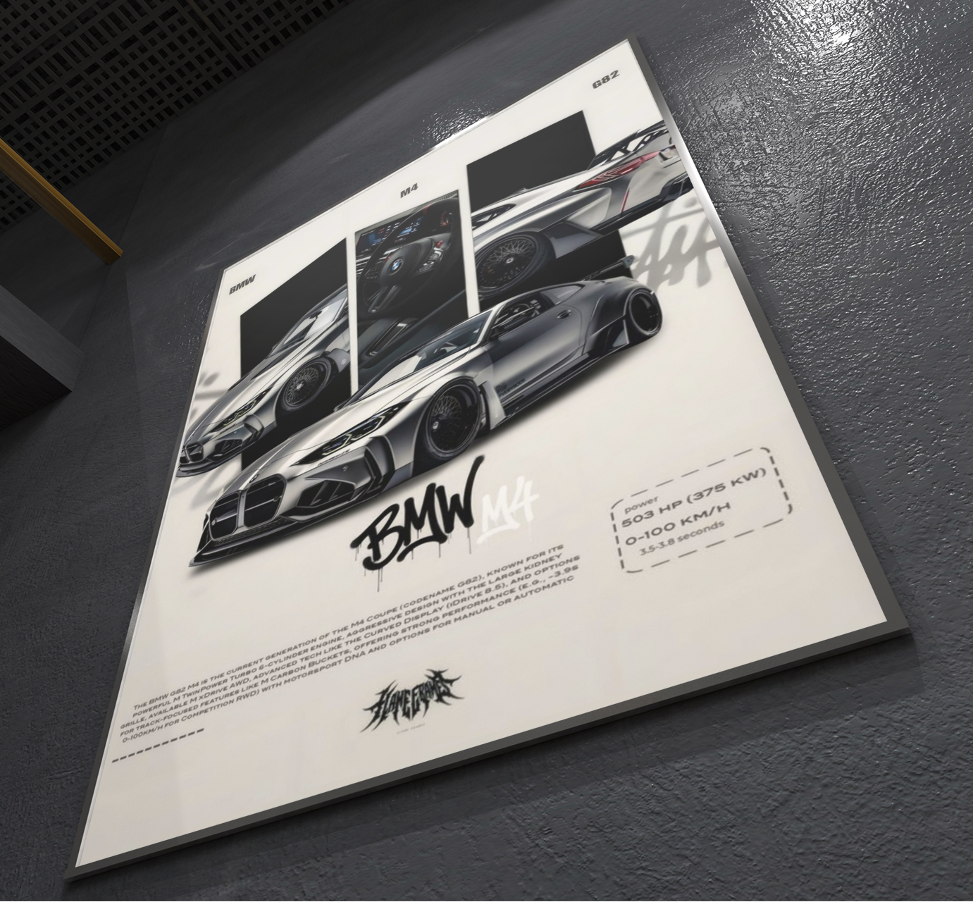 PrintedSoul BMW M4 Metal Frame – Ultimate Performance Wall Art (A3 Size)