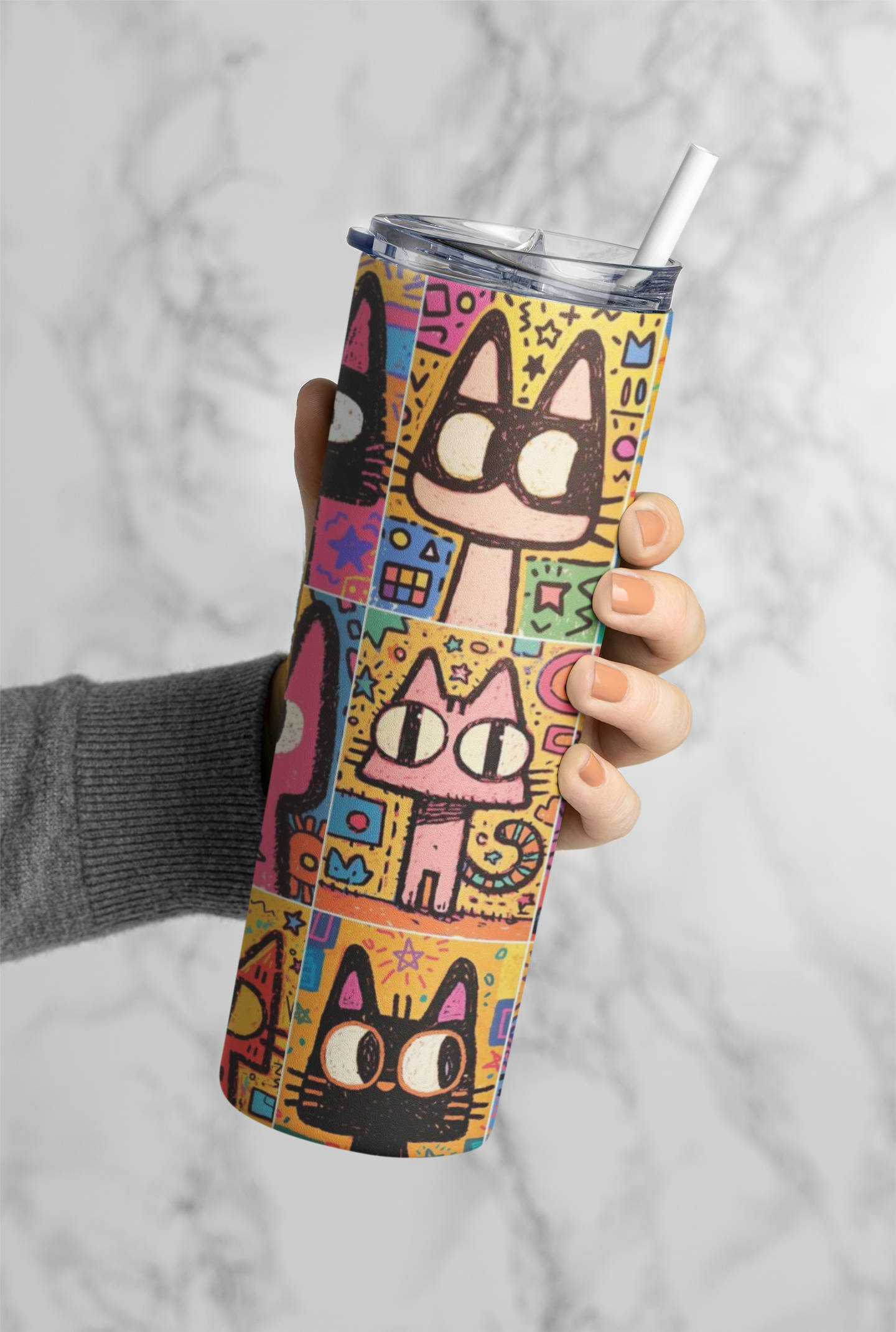 PrintedSoul Cute Cartoon Cats Tumbler – Fun Aesthetic Colorful Drinkware
