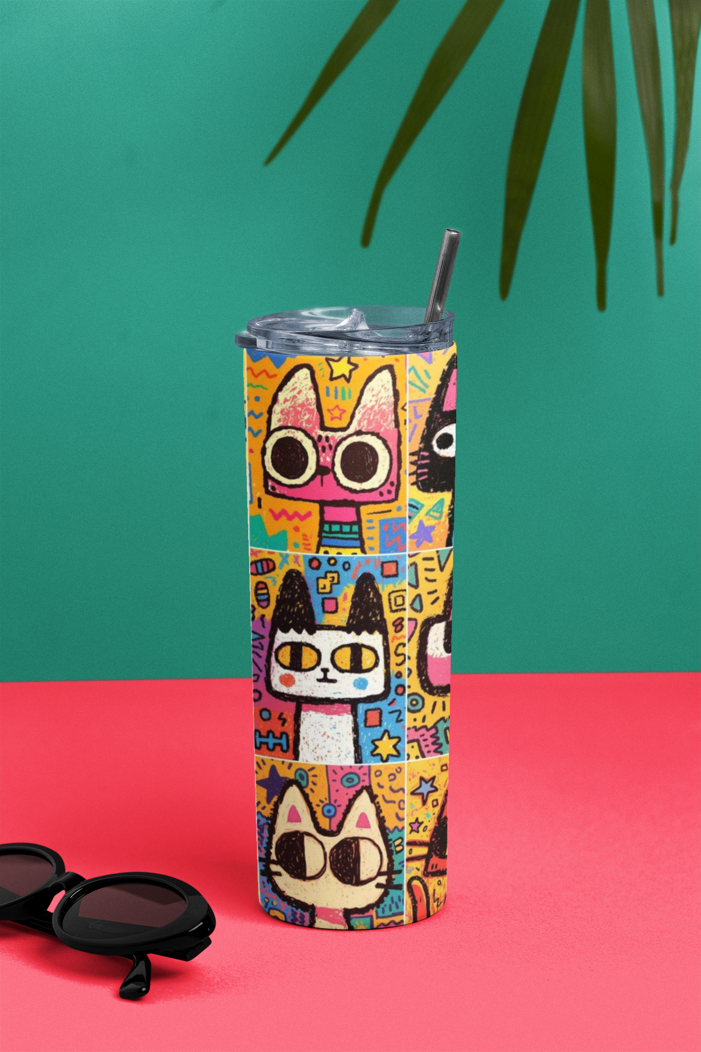 PrintedSoul Cute Cartoon Cats Tumbler – Fun Aesthetic Colorful Drinkware