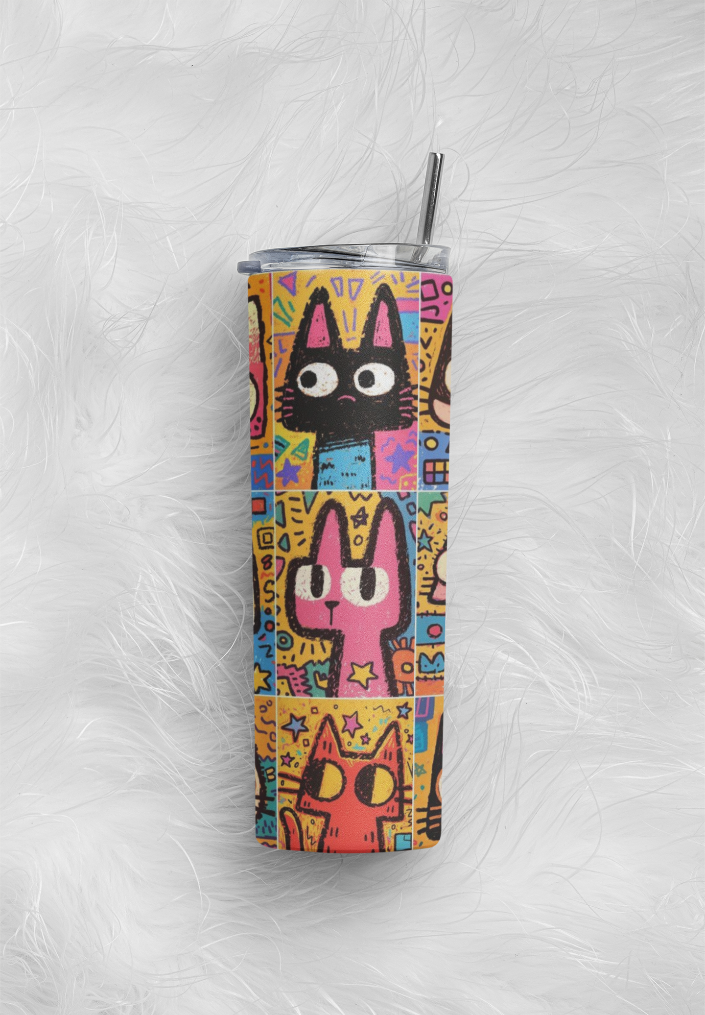 PrintedSoul Cute Cartoon Cats Tumbler – Fun Aesthetic Colorful Drinkware