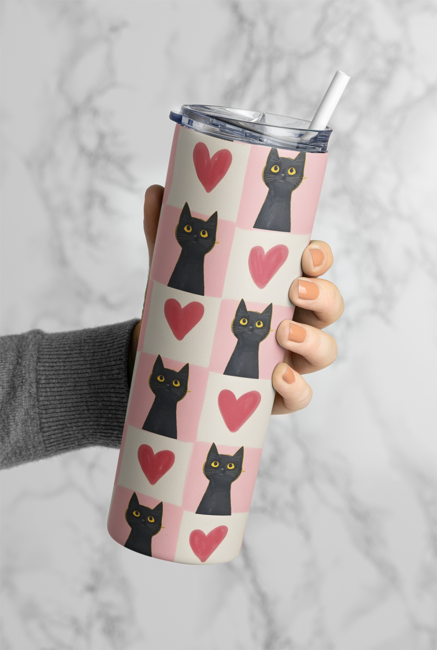 PrintedSoul Cute Black Cat & Heart Tumbler – Love Aesthetic Drinkware
