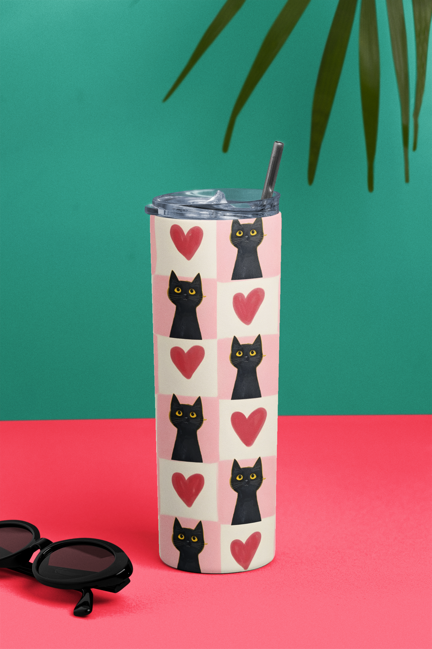 PrintedSoul Cute Black Cat & Heart Tumbler – Love Aesthetic Drinkware