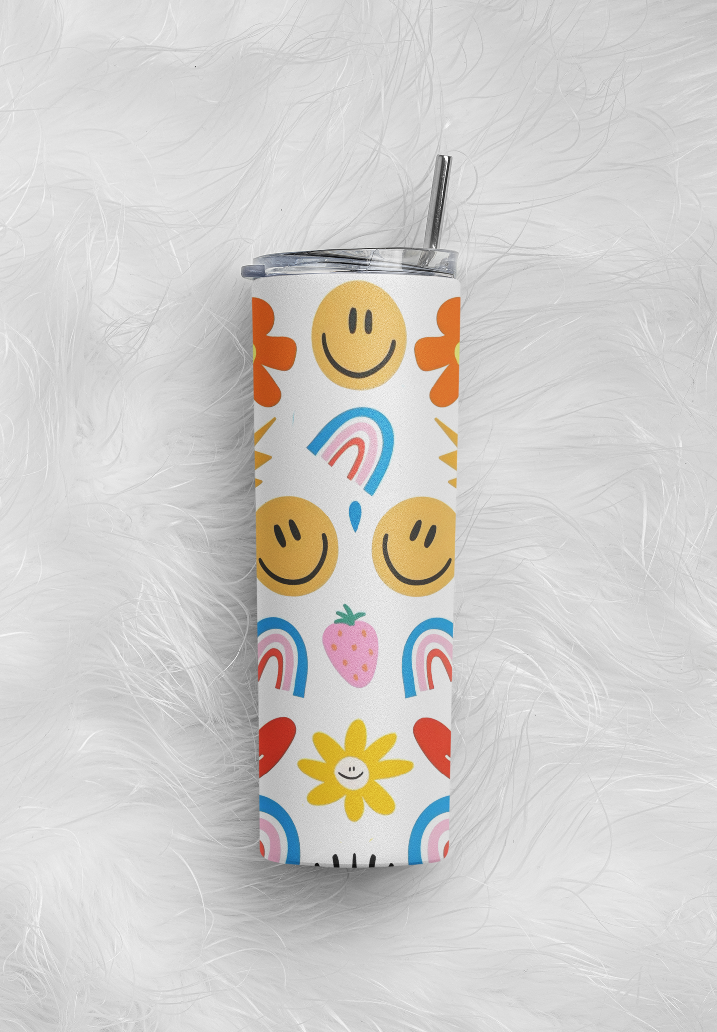 PrintedSoul Happy Doodle Vibes Tumbler – Colorful Smiley Aesthetic Drinkware