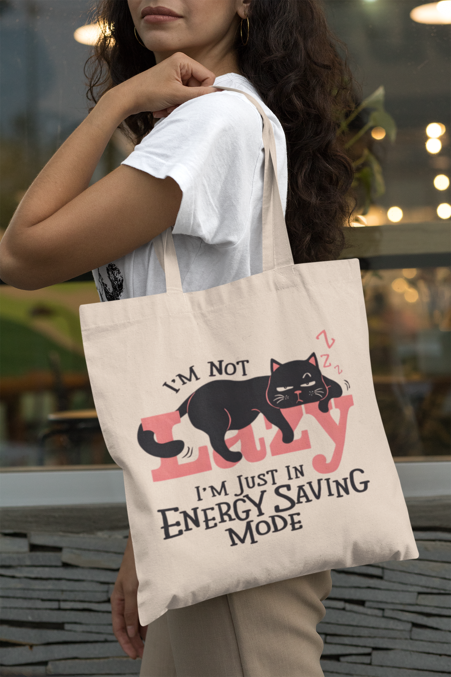 PrintedSoul Energy Saving Mode Quote Tote Bag – Lazy Mood Aesthetic Bag