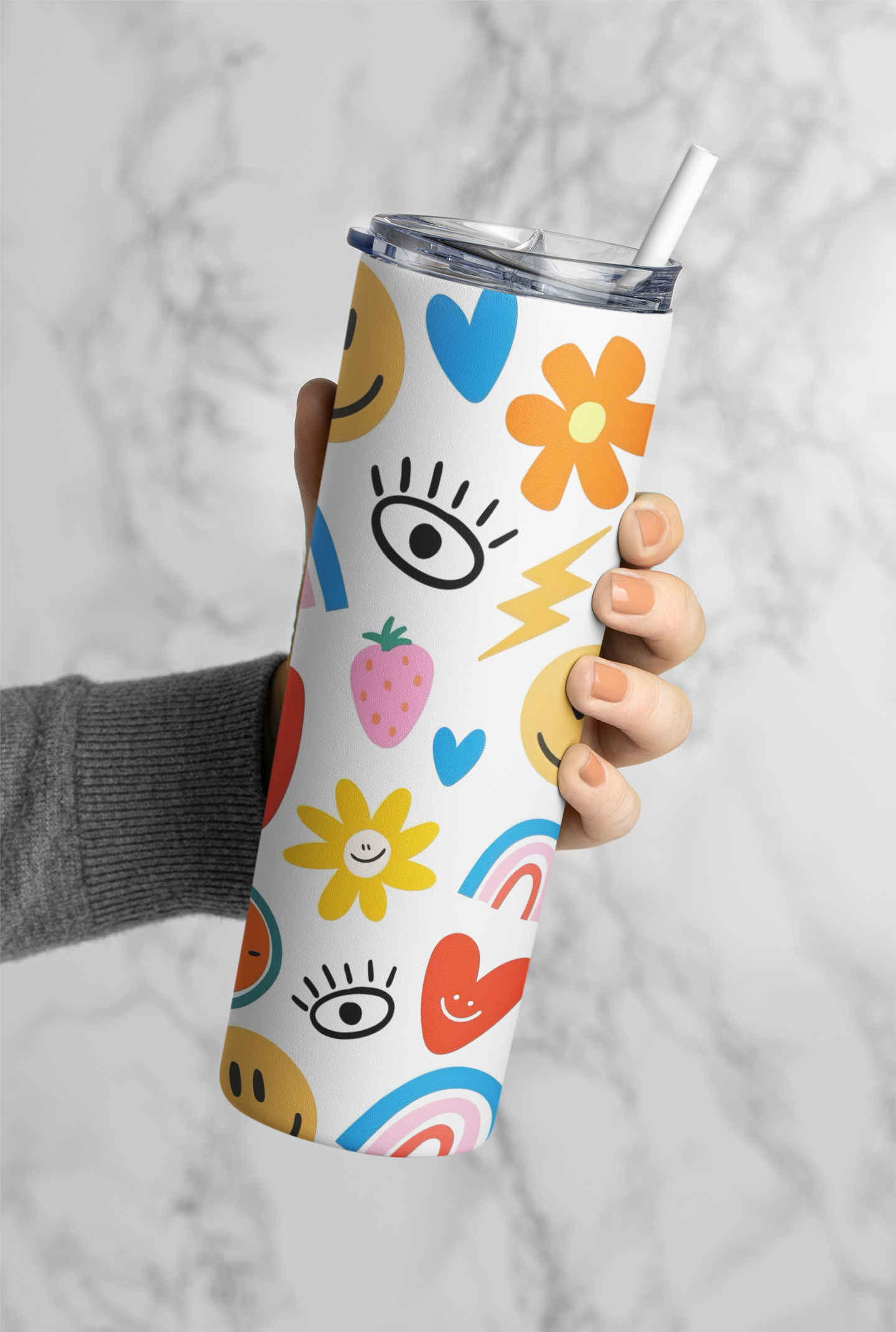 PrintedSoul Happy Doodle Vibes Tumbler – Colorful Smiley Aesthetic Drinkware