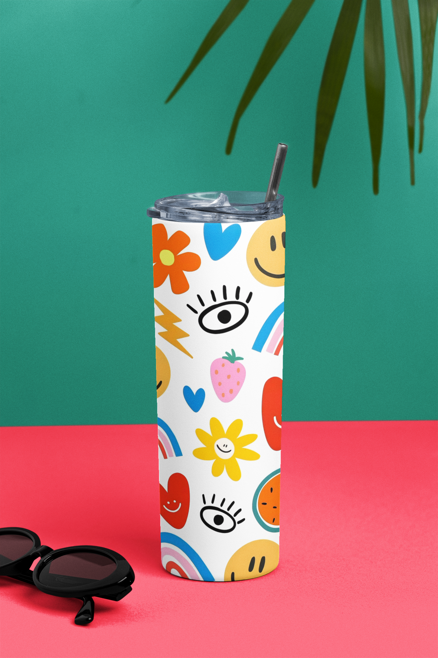 PrintedSoul Happy Doodle Vibes Tumbler – Colorful Smiley Aesthetic Drinkware