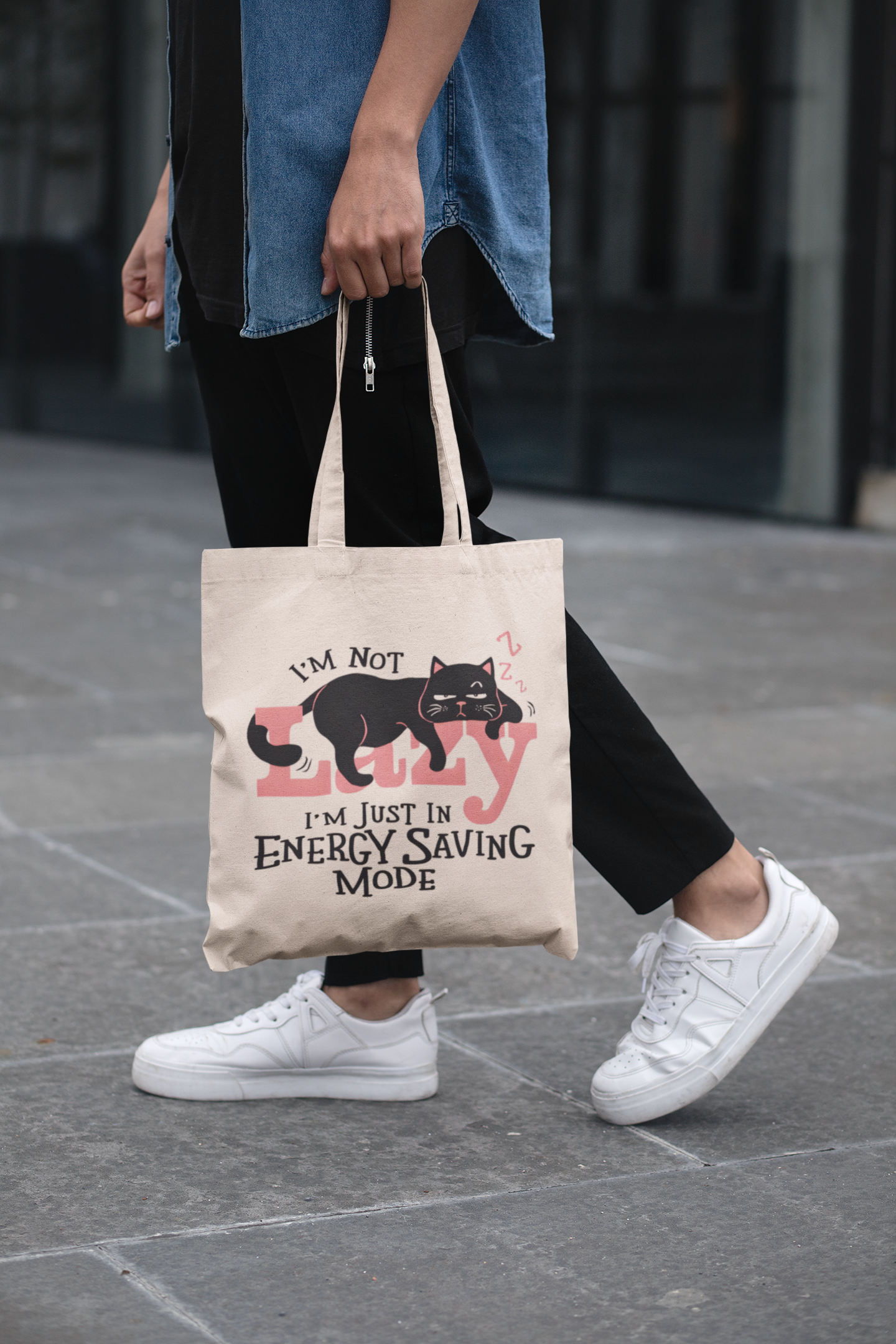 PrintedSoul Energy Saving Mode Quote Tote Bag – Lazy Mood Aesthetic Bag