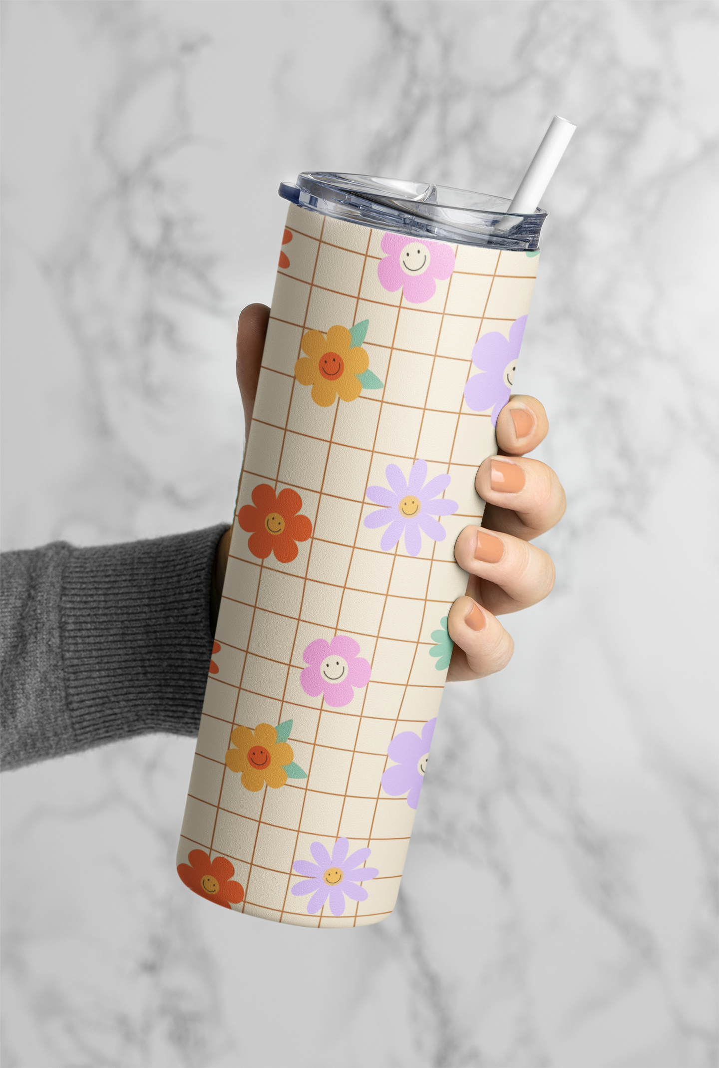 PrintedSoul Happy Smiley Flower Tumbler – Cute Pastel Aesthetic Drinkware