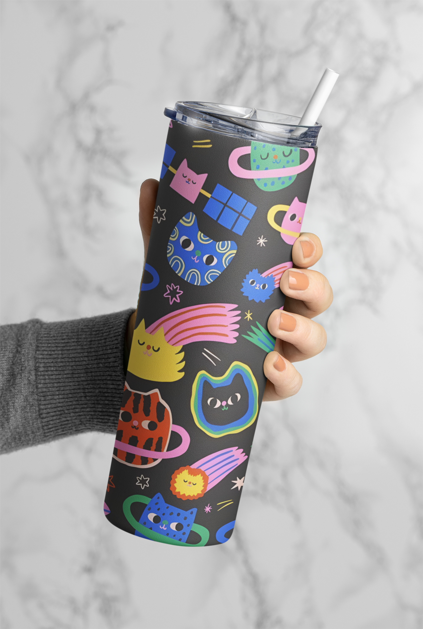PrintedSoul Space Cat Tumbler – Cute Galaxy Aesthetic Drinkware