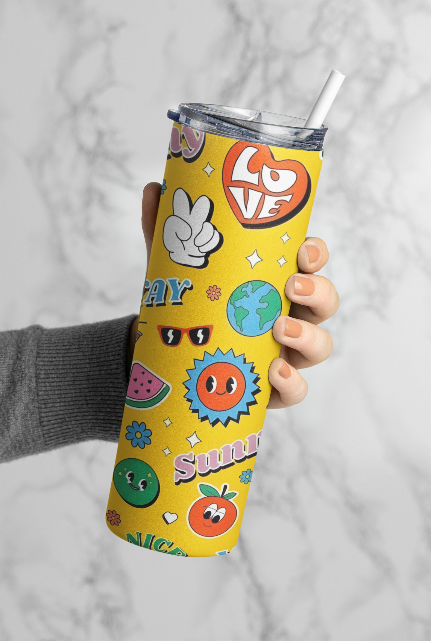 PrintedSoul Sunny Doodle Vibes Tumbler – Cute Heart & Smiley Aesthetic Drinkware