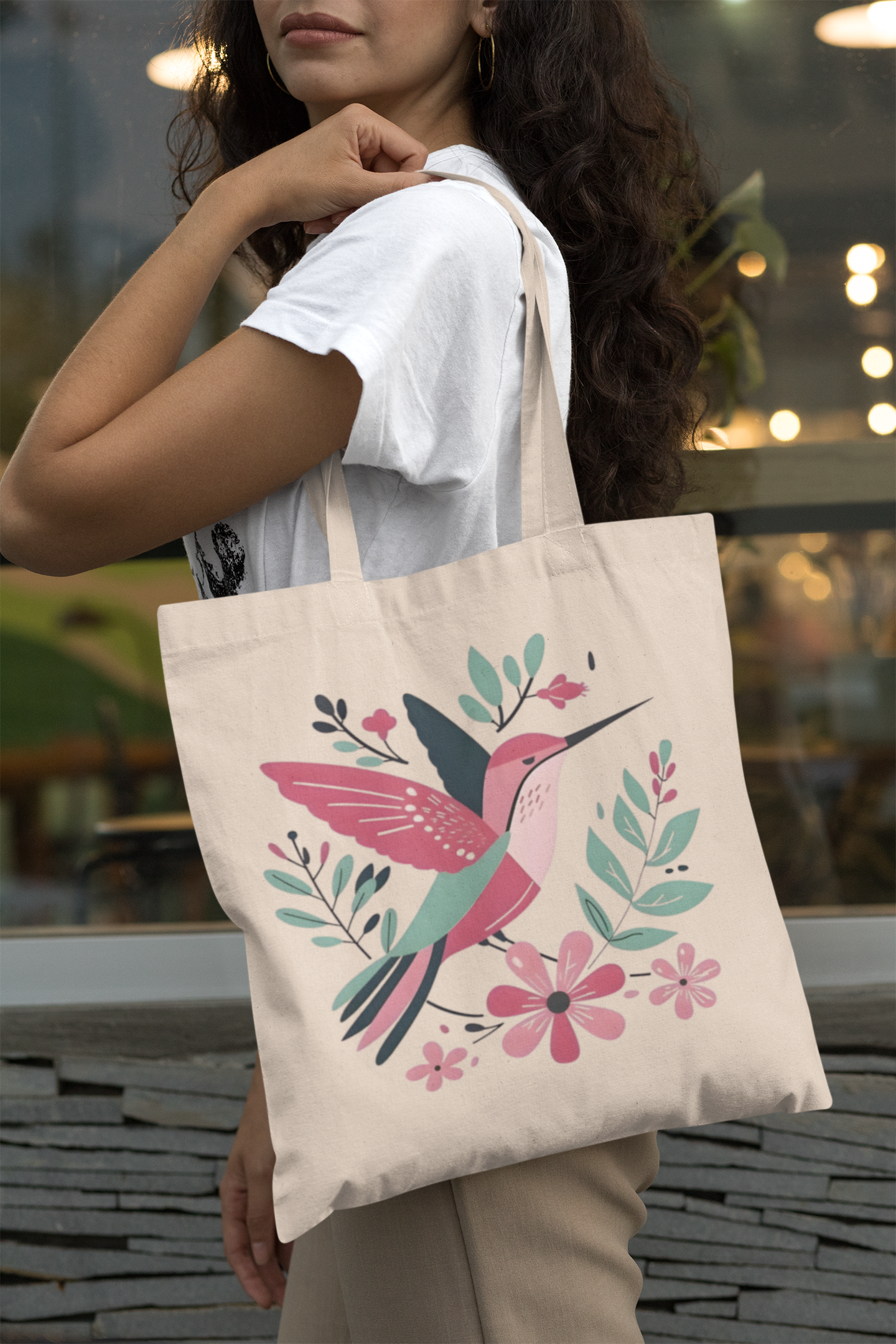 PrintedSoul Hummingbird Floral Aesthetic Tote Bag – Cute Nature Inspired Canvas Bag