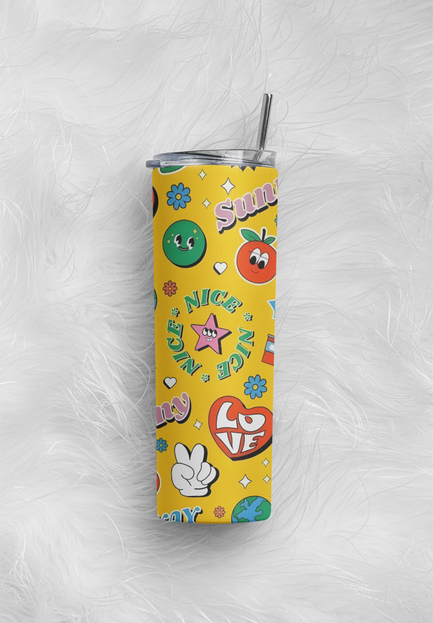 PrintedSoul Sunny Doodle Vibes Tumbler – Cute Heart & Smiley Aesthetic Drinkware