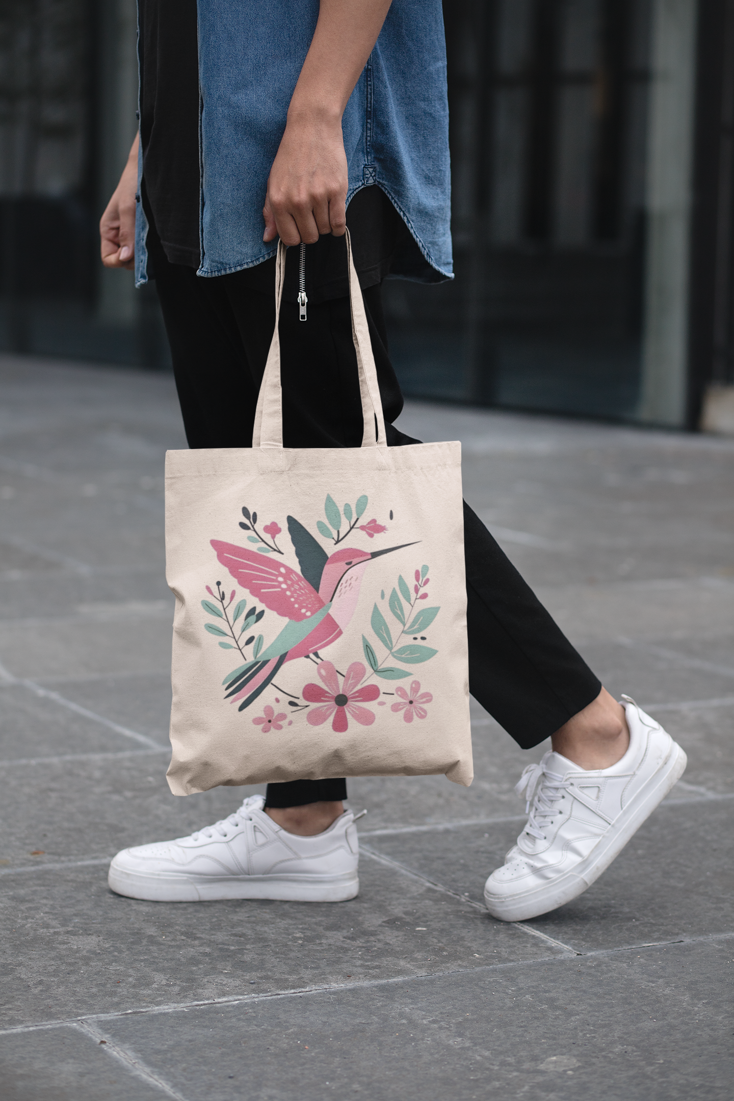 PrintedSoul Hummingbird Floral Aesthetic Tote Bag – Cute Nature Inspired Canvas Bag
