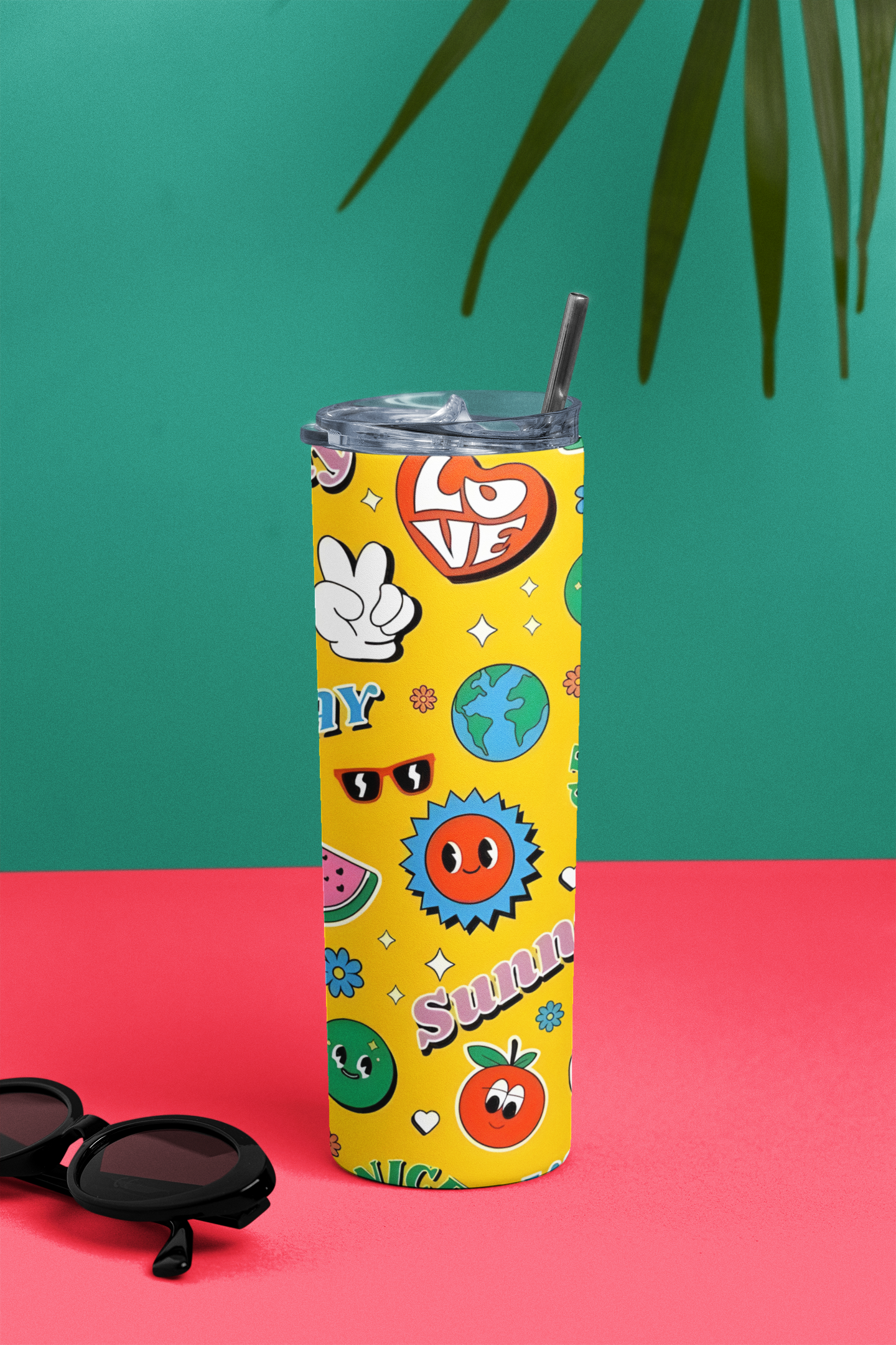 PrintedSoul Sunny Doodle Vibes Tumbler – Cute Heart & Smiley Aesthetic Drinkware