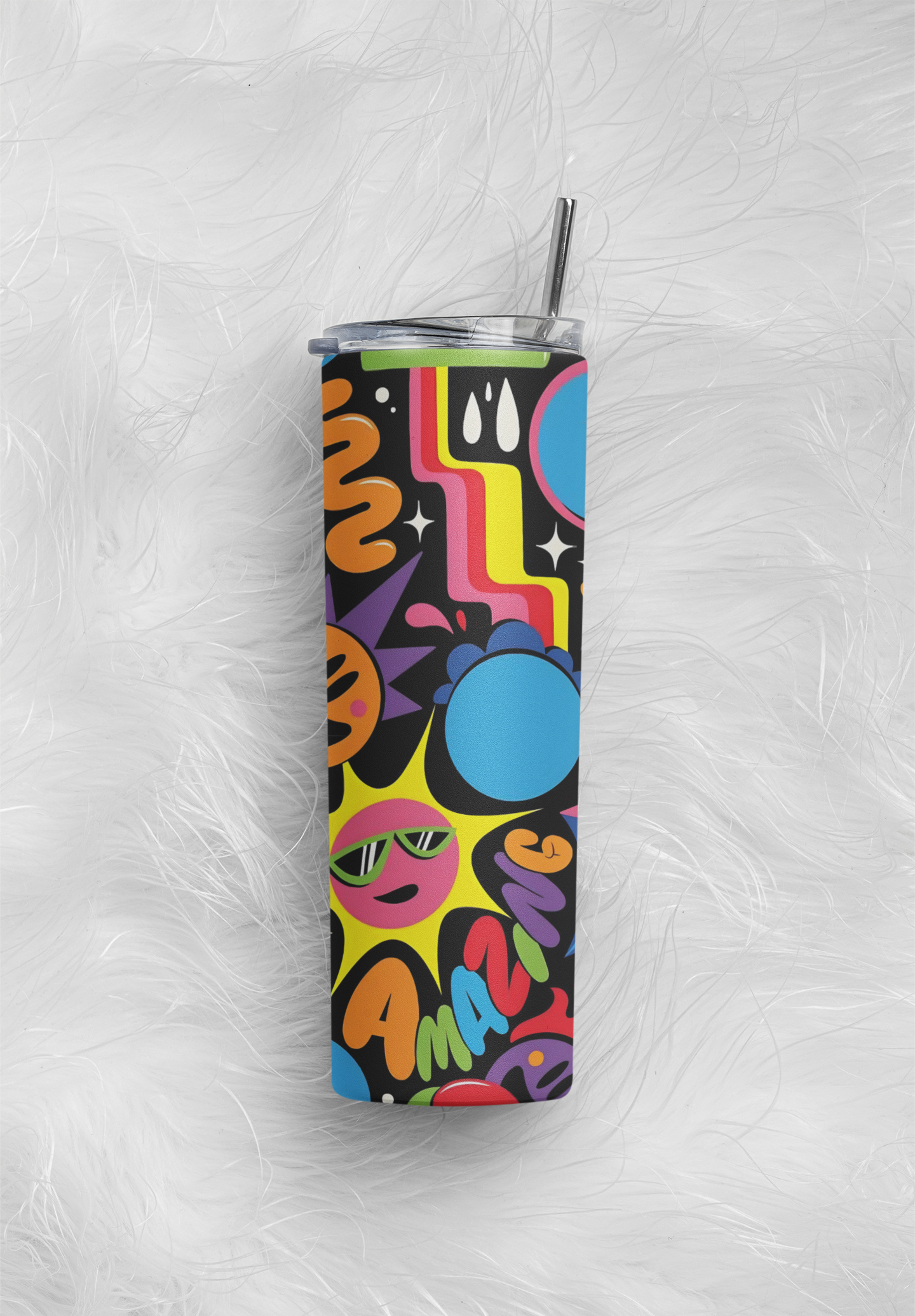 PrintedSoul Colorful Vibes Tumbler – Smiley Sun & Rainbow Doodle Drinkware