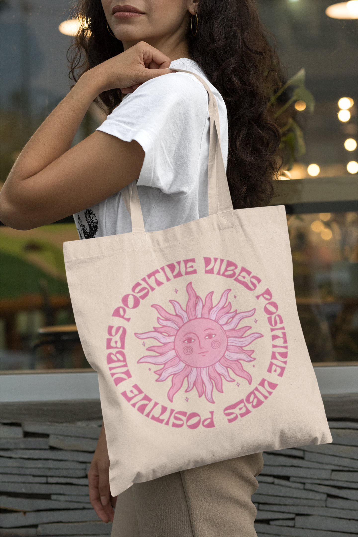 PrintedSoul Positive Vibes Sun Tote Bag – Retro Aesthetic Quote Canvas Bag