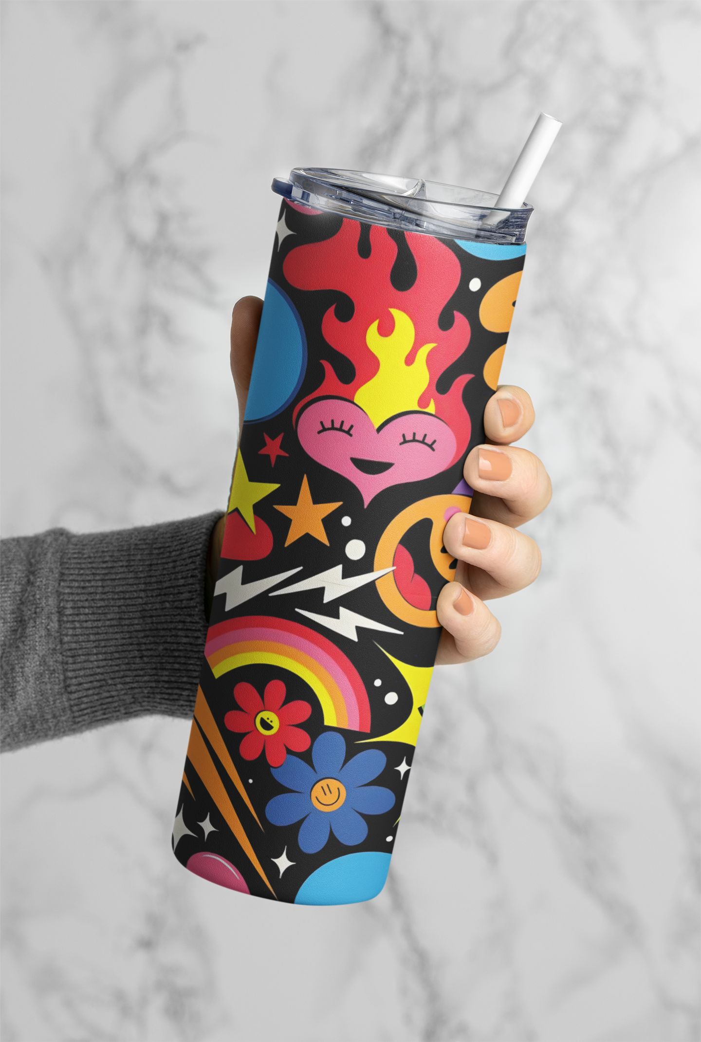PrintedSoul Colorful Vibes Tumbler – Smiley Sun & Rainbow Doodle Drinkware