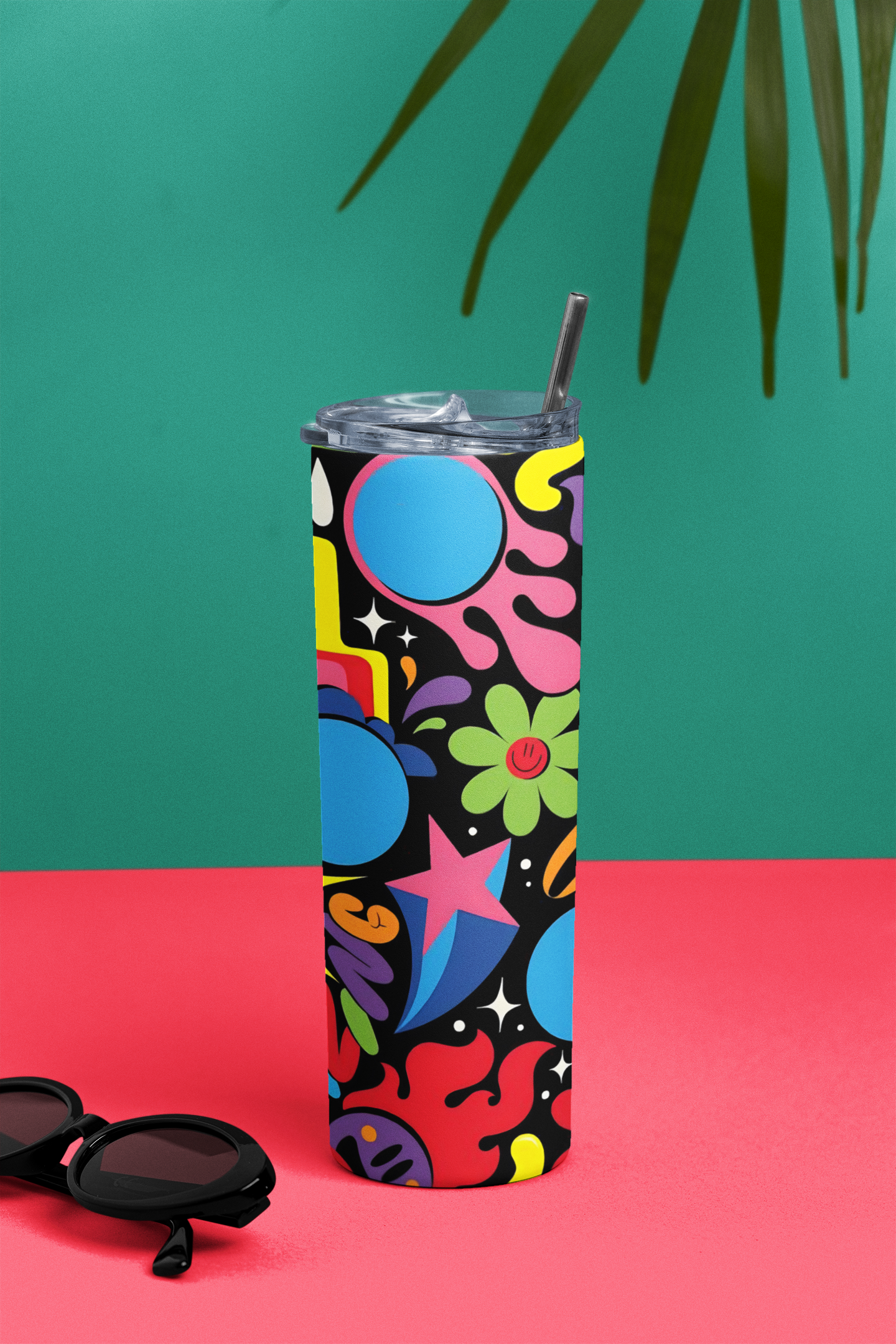 PrintedSoul Colorful Vibes Tumbler – Smiley Sun & Rainbow Doodle Drinkware