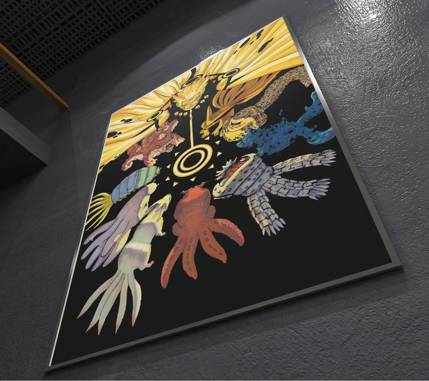 PrintedSoul Nine Tailed Beasts United Metal Frame – Ultimate Anime Wall Art (A3 Size)