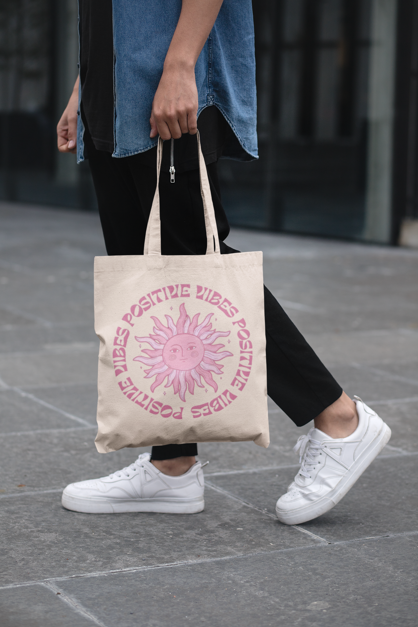 PrintedSoul Positive Vibes Sun Tote Bag – Retro Aesthetic Quote Canvas Bag
