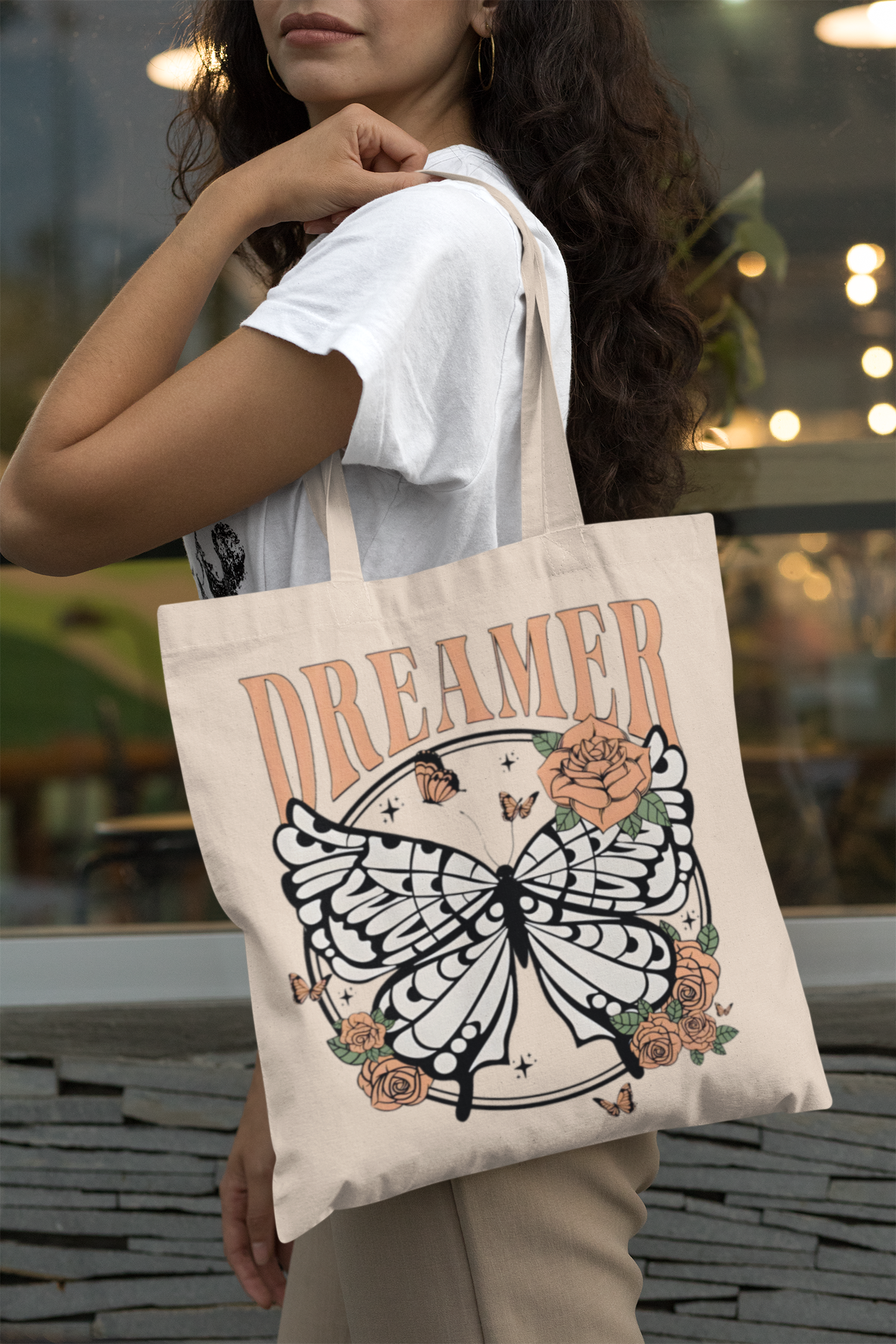 PrintedSoul Dreamer Aesthetic Tote Bag – Butterfly & Roses Canvas Carry Bag
