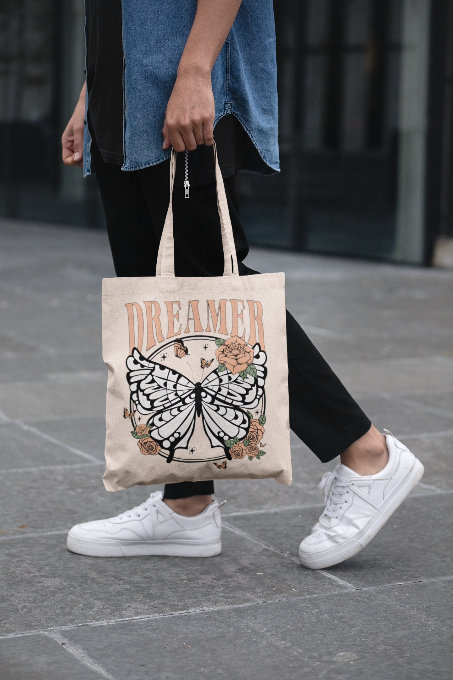 PrintedSoul Dreamer Aesthetic Tote Bag – Butterfly & Roses Canvas Carry Bag