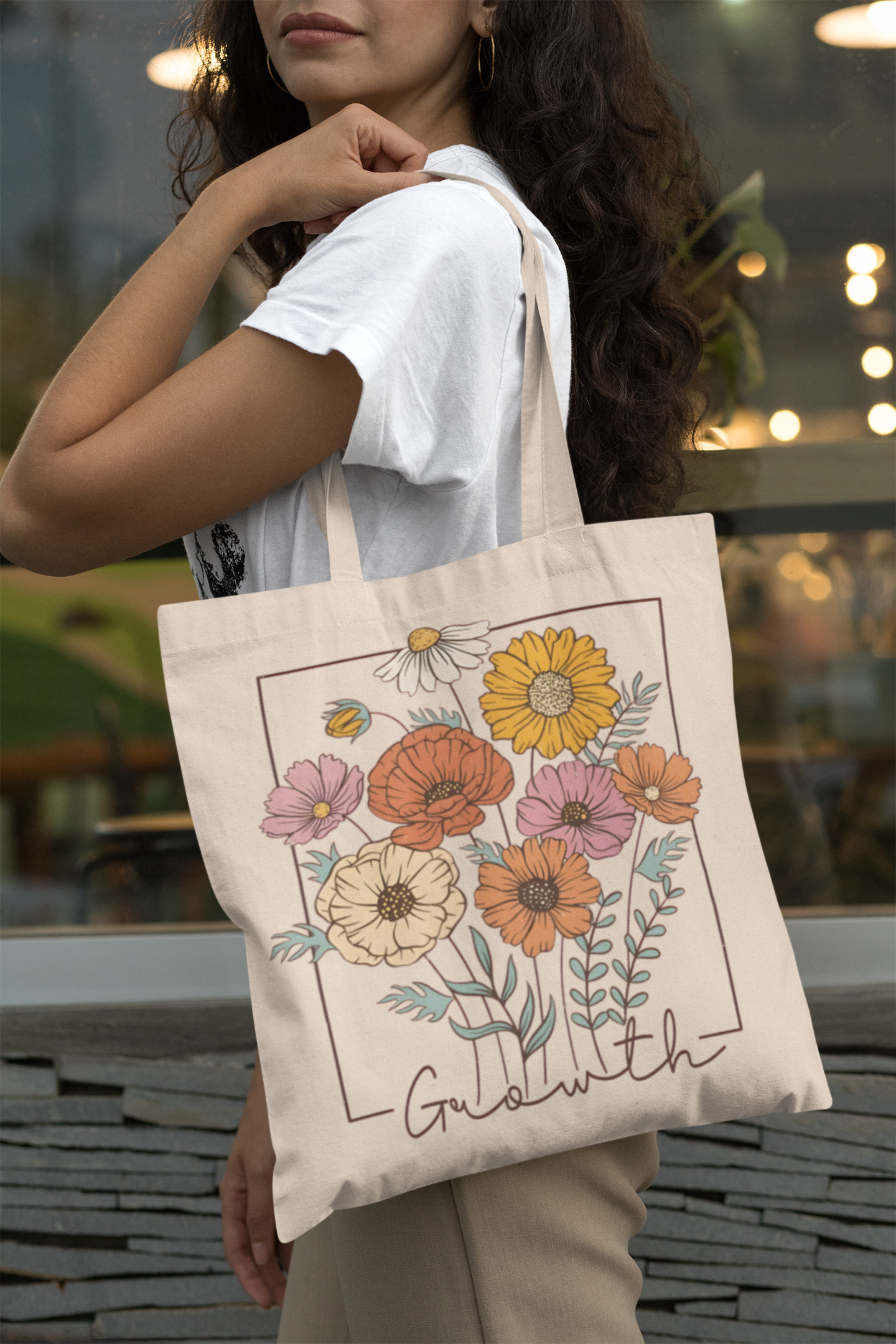 PrintedSoul Growth Floral Tote Bag – Aesthetic Flower Bouquet Canvas Bag