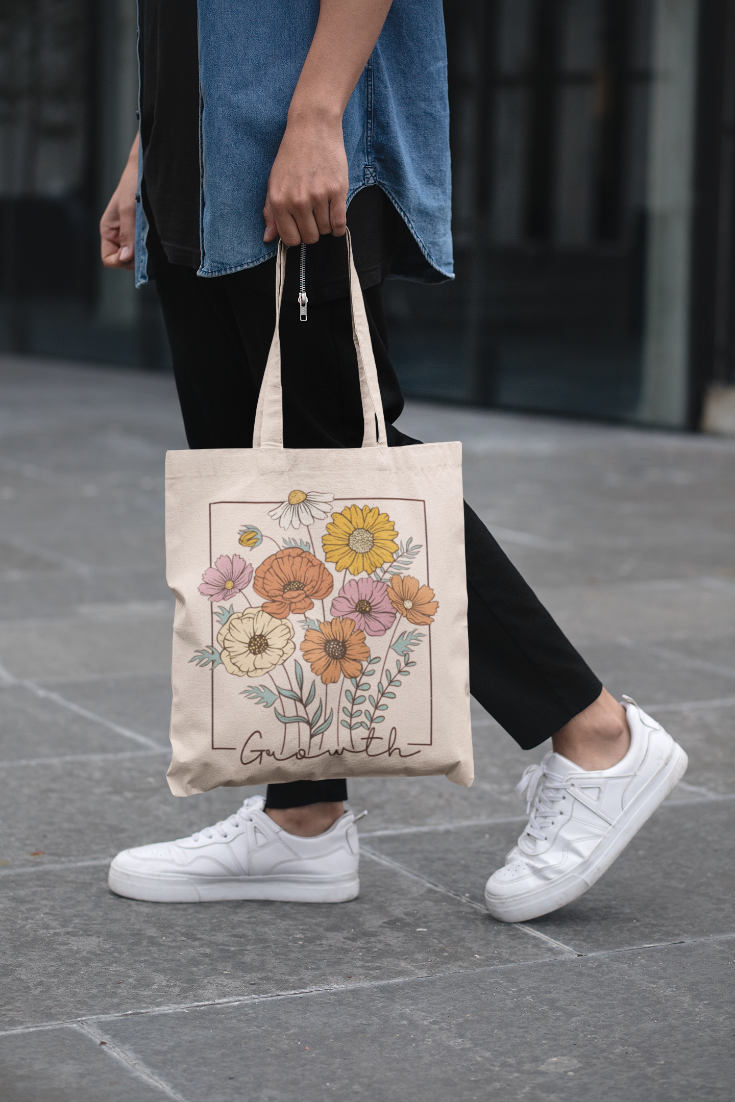 PrintedSoul Growth Floral Tote Bag – Aesthetic Flower Bouquet Canvas Bag
